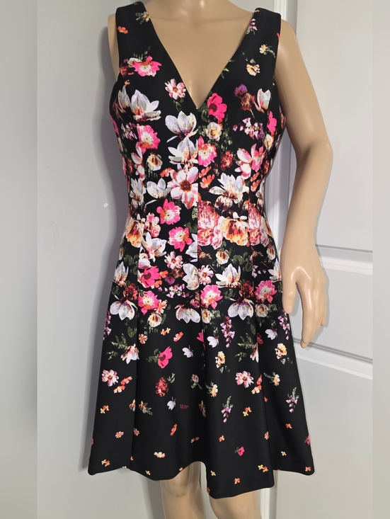 Jessica Simpson Dresses & Skirts - Jessica Simpson Black Floral V-Neck A-Line Flirty Pink & White Blooms Size 4
